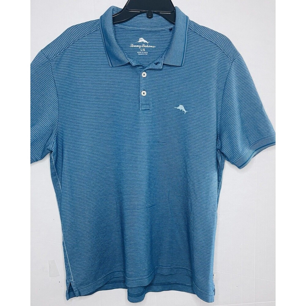 Tommy Bahama Polo Shirt Men L Blue Striped Short Sleeve Cotton Polyester Golf *